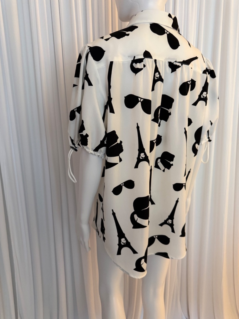 Karl Lagerfeld Paris Eiffel Tower Graphic Blouse L NWOT Toggle Sleeve Shirt - Picture 7 of 16